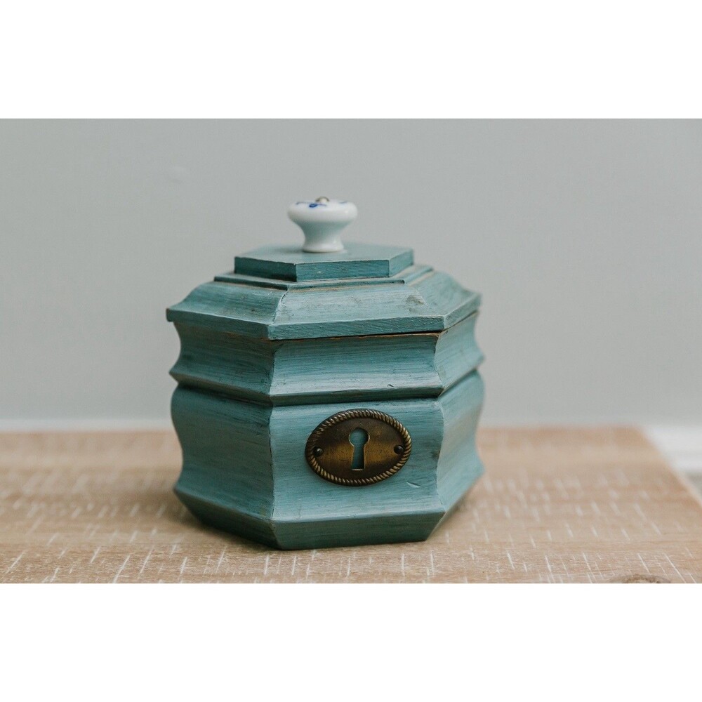 Teal Hexagon Wood Trinket Box Floral Porcelain Knob